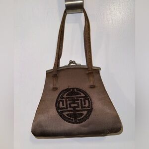 Small Brown Beaded Clutch Handbag Purse Metal Snap